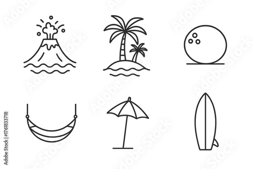 Activities and attractions on a tropical island including a volcano, palm trees, bowling, and beach elements