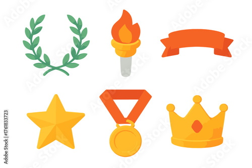 Honor symbols set icons in modern isometric flat vector style: laurel wreath, torch, ribbon, crown, star, medal.
