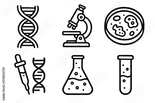 Biotech Research set of icons in doodle hand-drawn vector style: DNA helix, microscope, petri dish, gene editing tool, cell culture flask, chemical vial.