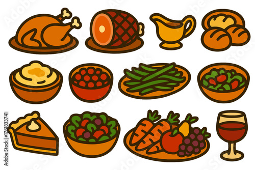 Holiday Food Feast — Warm Flat Icons silhouette set: roast turkey, glazed ham, mashed potatoes, gravy boat, cranberry sauce, green beans, bread rolls, pumpkin pie, salad bowl,