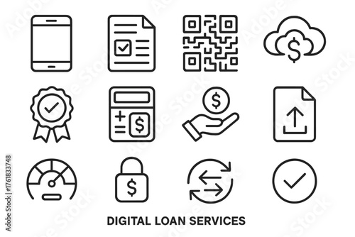 Digital Loan Services outline icon set: smartphone, online form, QR code, cloud banking, approval badge, loan calculator, deposit icon, document upload, credit score, secure