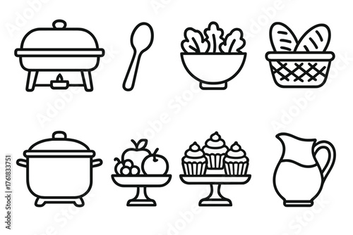 Classic Buffet outline icon set: chafing dish, serving spoon, salad bowl, bread basket, soup pot, fruit platter, dessert tray, drink pitcher.