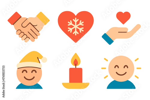 Winter Holidays Goodwill flat icons: hands together, festive heart, giving gesture, warm glow, happy faces, candlelight peace. , , High resolution, sharp vector-like appearance,