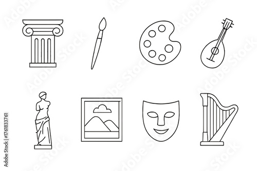 Art and culture symbols including a column, paintbrush, palette, musical instrument, and sculpture representing creativity