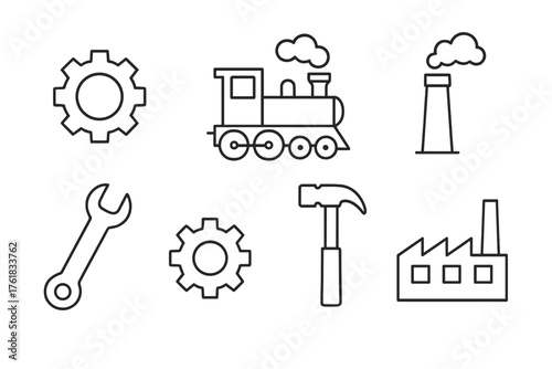 Simple line drawings of industrial tools and machinery representing engineering concepts