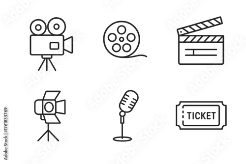 Film production icons illustrating key elements like camera, reel, clapperboard, microphone, and ticket for movie events