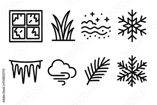 Winter Frost outline icon set: frosted window, frozen grass, shimmering ice, snowflake outline, icicle string, cold mist, pine sprig, crystalline frost. , , High resolution, sharp