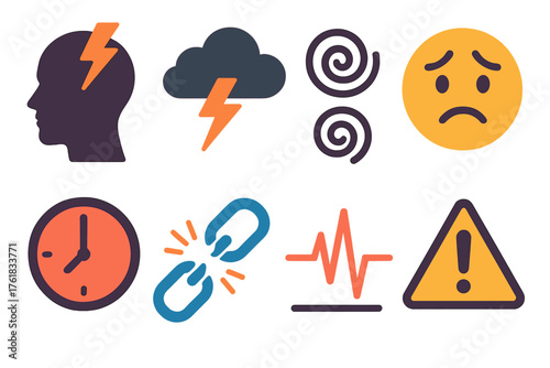 Stress flat icons: headache silhouette, thundercloud, spirals, anxious face, time pressure, broken chain, pulse line, warning sign.