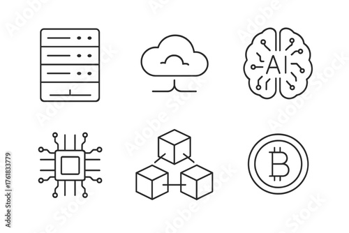 Exploring the innovative world of technology with AI, blockchain, and cloud computing elements in a clean design