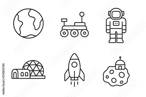 Exploration of space with illustrations of Earth, rover, astronaut, rocket, lunar lander, and space habitat