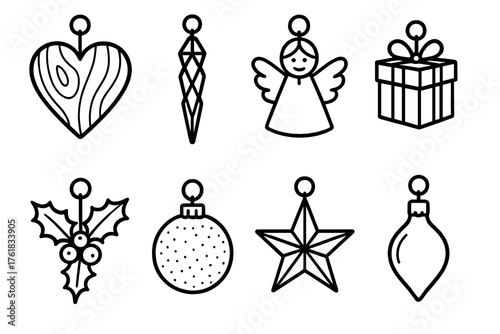 Tree Ornaments outline icon set: wooden heart, crystal icicle, fabric angel, miniature gift box, holly sprig, frosted globe, tin star, shiny bulb.