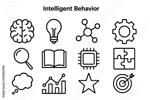 Intelligent Behavior outline icon set: AI brain, light bulb, network, gear, magnifier, open book, circuit chip, puzzle, thought bubble, data lines, star, target. , , High