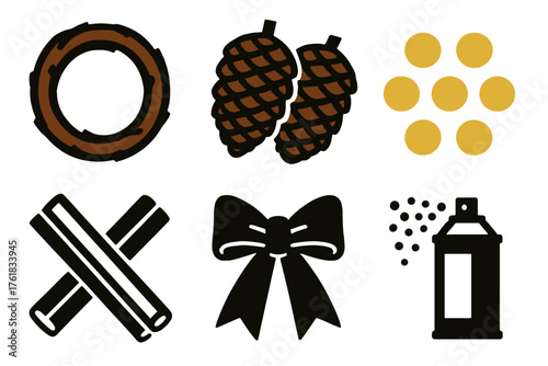 Holiday Wreath Workshop silhouette set: grapevine ring, pinecones, gold beads, glue sticks, decorative bow, snow spray.