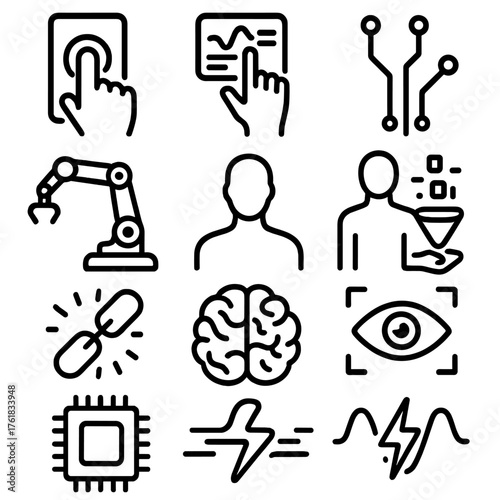 Human-Technology Interface outline icon set: touchscreen, virtual display, hand gesture, circuit line, robot arm, human silhouette, holographic data, glowing link, brain, eye