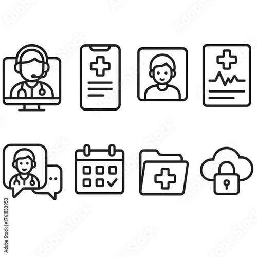 Digital Clinics outline icon set: telehealth doctor icon, health app screen, patient profile, diagnostic report, chat consultation, calendar booking, medical file, secure data