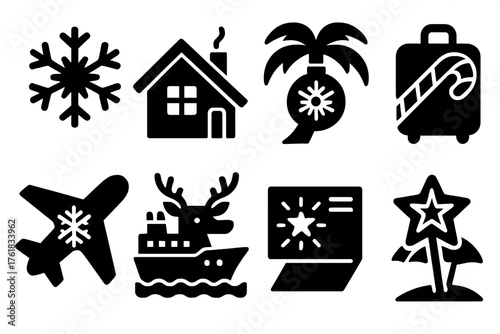 Festive Vacation Ideas silhouette set: snowflake cabin, ornament palm tree, candy cane suitcase, frosty airplane, reindeer cruise ship, glowing postcard, holiday map, star beach