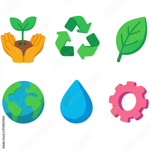 Reclaiming flat isometric set: hands, sprout, recycle, leaf, globe, droplet, gear, circle arrows.