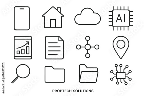 PropTech Solutions outline icon set: smartphone, house, cloud icon, AI chip, tablet, chart, document, data network, location pin, magnifying glass, folder, circuit board.