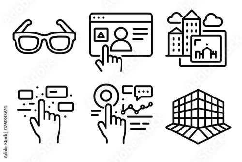 Reality Blending outline icon set: augmented glasses, virtual interface, city overlay, gesture control, floating data, depth grid. , , High resolution, sharp vector-like appearance