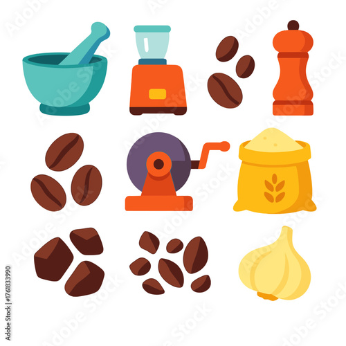 Kitchen Grinding flat icons: mortar and pestle, spice grinder, coffee beans, pepper mill, grinding stone, flour bag, cocoa nibs, garlic clove.