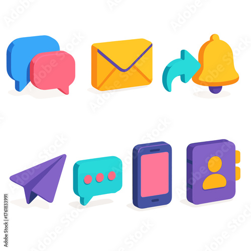 Threads flat isometric set: chat bubbles, envelope, reply arrow, notification bell, paper plane, typing dots, smartphone, contact list.