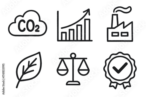 Carbon Forecasting set of icons in doodle hand-drawn vector style: CO2 cloud, emission chart, factory icon, green leaf, balance scale, sustainability badge.