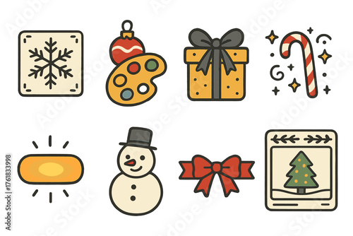 Festive Content Creation set of icons in doodle hand-drawn vector style: snowflake template, ornament color palette, gift box icon, candy cane filter, glowing publish button,