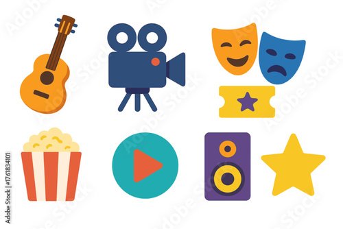 Entertainment flat icons: guitar, movie camera, theater masks, ticket, popcorn, play button, speaker, star.