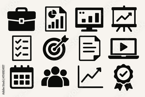 Corporate Self-Paced Learning silhouette set: briefcase, report chart, dashboard, analytics board, checklist, target icon, document file, training module, calendar, team avatar,