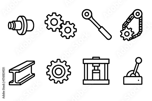 Mechanical Tensioner outline icon set: rotating shaft, gear system, torque wrench, chain drive, steel beam, sprocket, hydraulic press, control lever.
