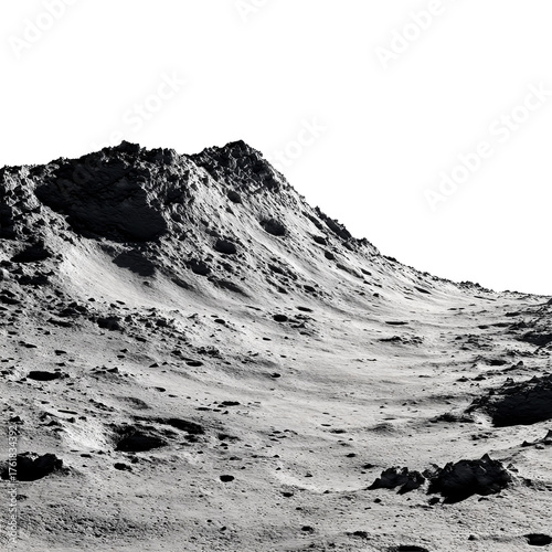 Rocky lunar terrain with craters and sharp peaks, isolated on transparent cutout background