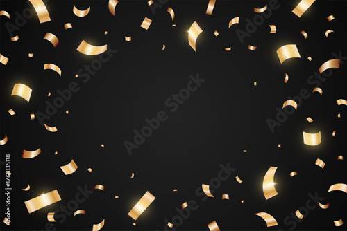 Gold confetti isolated on a black background. Falling golden ribbon for carnival, New Year, birthday and festival design. Festive splash confetti backdrop. Vector illustration