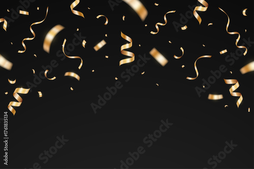 Gold confetti celebration party isolated on a black background. Falling golden ribbon for carnival, New Year, birthday and festival design. Confetti explosion on white backdrop. Vector illustration
