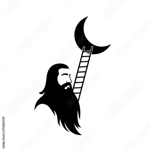 Man with long beard reaching for the crescent moon with a ladder  