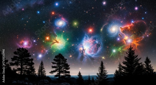 A vibrant, colorful depiction of nebulae and galaxies over a forest.