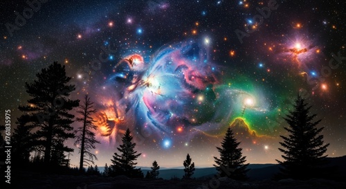 A vibrant nebula and starry sky are visible above a dark landscape with silhouetted pine trees.