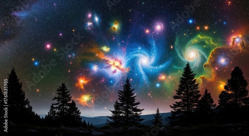 A vibrant, colorful galaxy swirls above a dark forest, with silhouetted trees reaching towards the cosmic display.