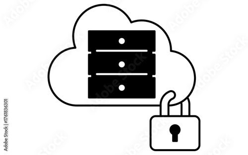 Secure cloud data server line icon with database stack and security padlock symbol, black and white