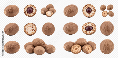 Nutmeg spice, whole and halved, displayed on a white background.