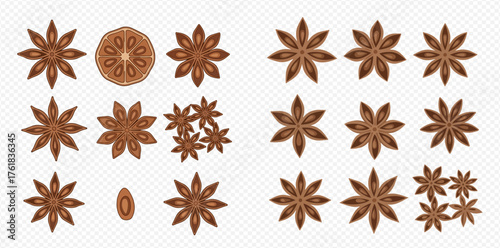 Anise stars: A collection of star anise pods arranged on a transparent background.