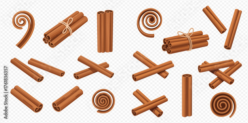A set of cinnamon sticks in various arrangements, including bundles and spirals.