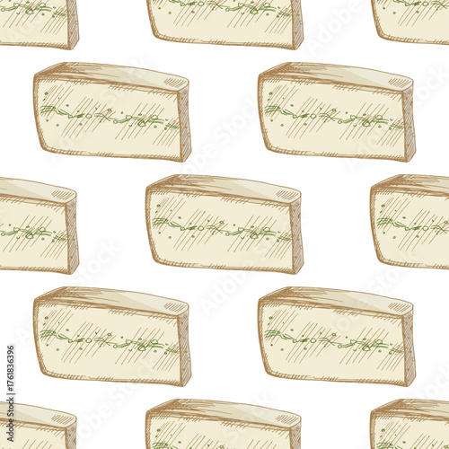 Hand drawn vintage seamless pattern of herb infused cheese wedge in creamy yellow color, detailed dairy food vector illustration