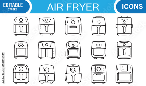 Editable Stroke Icons of Modern Air Fryers and Culinary Equipment