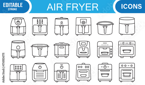 Linear Design Icons of Air Fryers and Household Appliances for Food Preparation