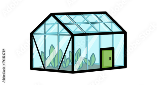Cartoon greenhouse with glass panels black frame and a green door.