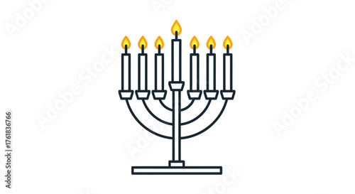 Line art menorah with seven lit candles illustration.
