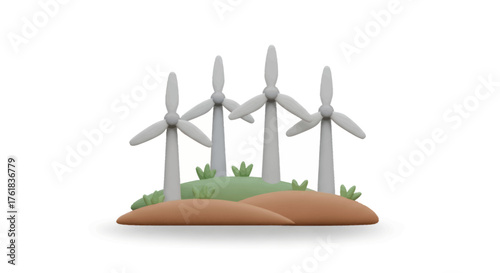 Cartoon Wind Turbines on a Small Hill Generating Power.