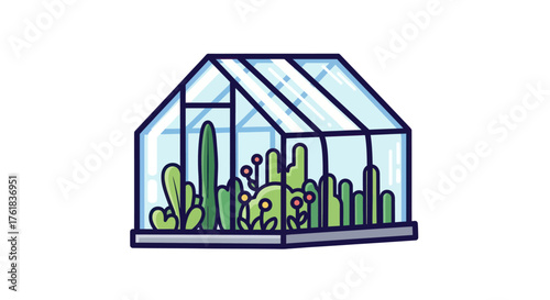 Cartoon greenhouse with diverse green plants inside.