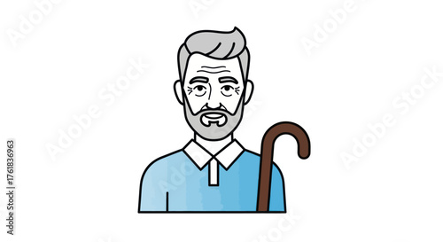Elderly man with gray hair a beard and a walking cane icon.