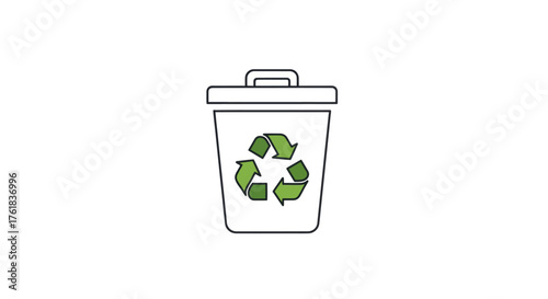 Simple Line Art Icon of a White Trash Can with Green Recycling Symbol.
